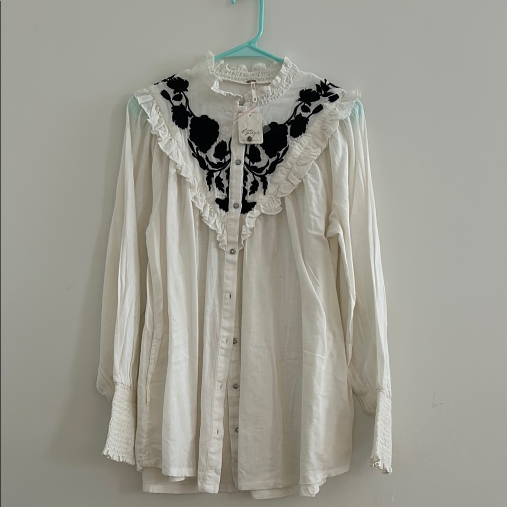 Free People White Ruffled Blouse with Bib Collar and Long Sleeves